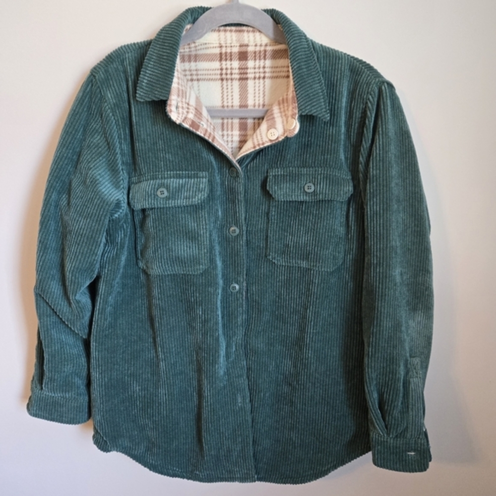 Love Tree Reversible Green Corduroy & Plaid Fleece Shirt Jacket | Size S Shacket
